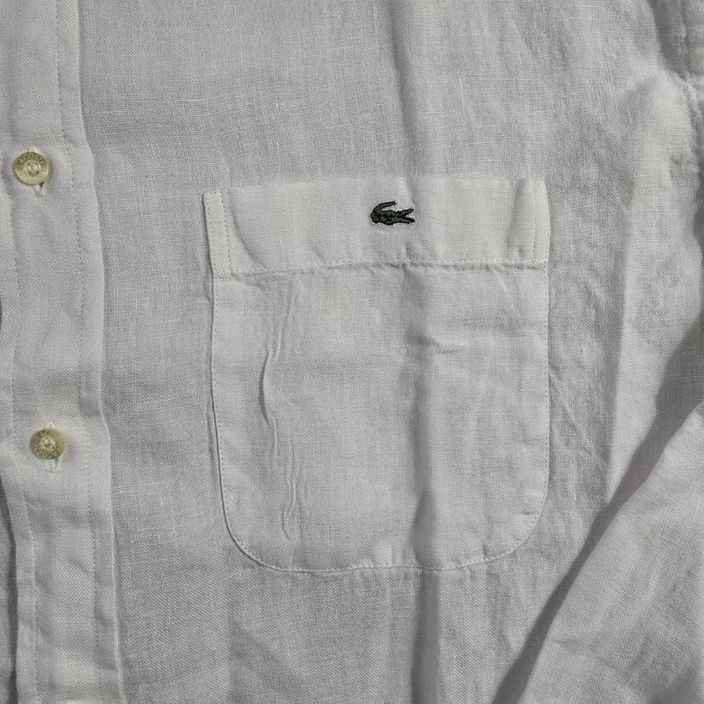 LACOSTE Linen Button Down Shirt Mens 46 White NEW Long Sleeve Crocodile Logo